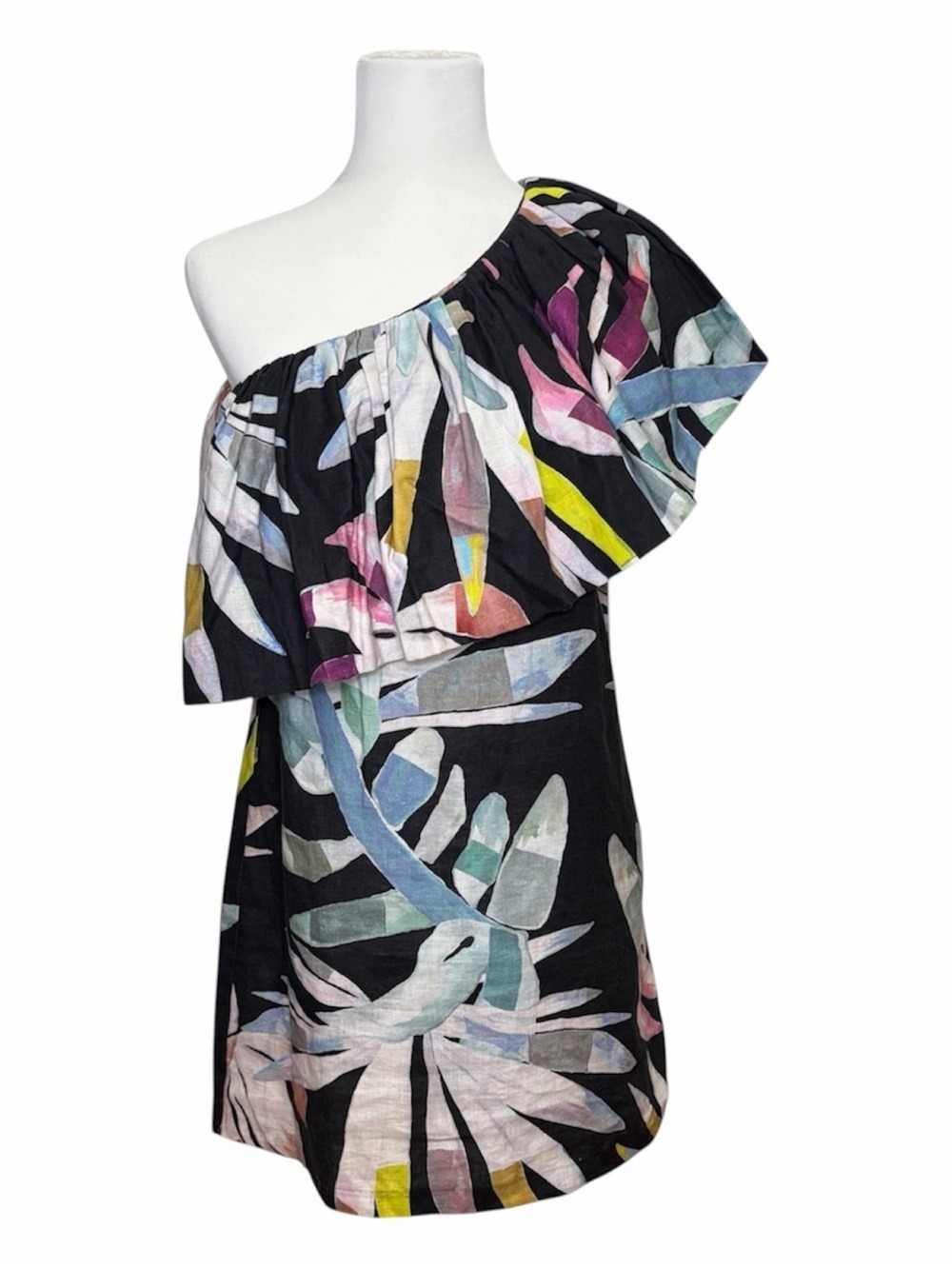 Mara Hoffman Palma One Shoulder Linen Tropical Print Dress Size 2 Multi Black
